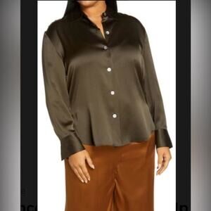 Vince Women Button Up Silk Shirt Top Olive Green Size XXXL NWT
